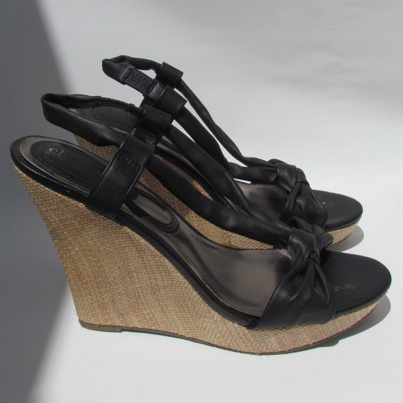 Charles David Knotty BLACK SANDALS Platform Rattan Wedge Heel Slingback 9 M - Picture 8 of 11